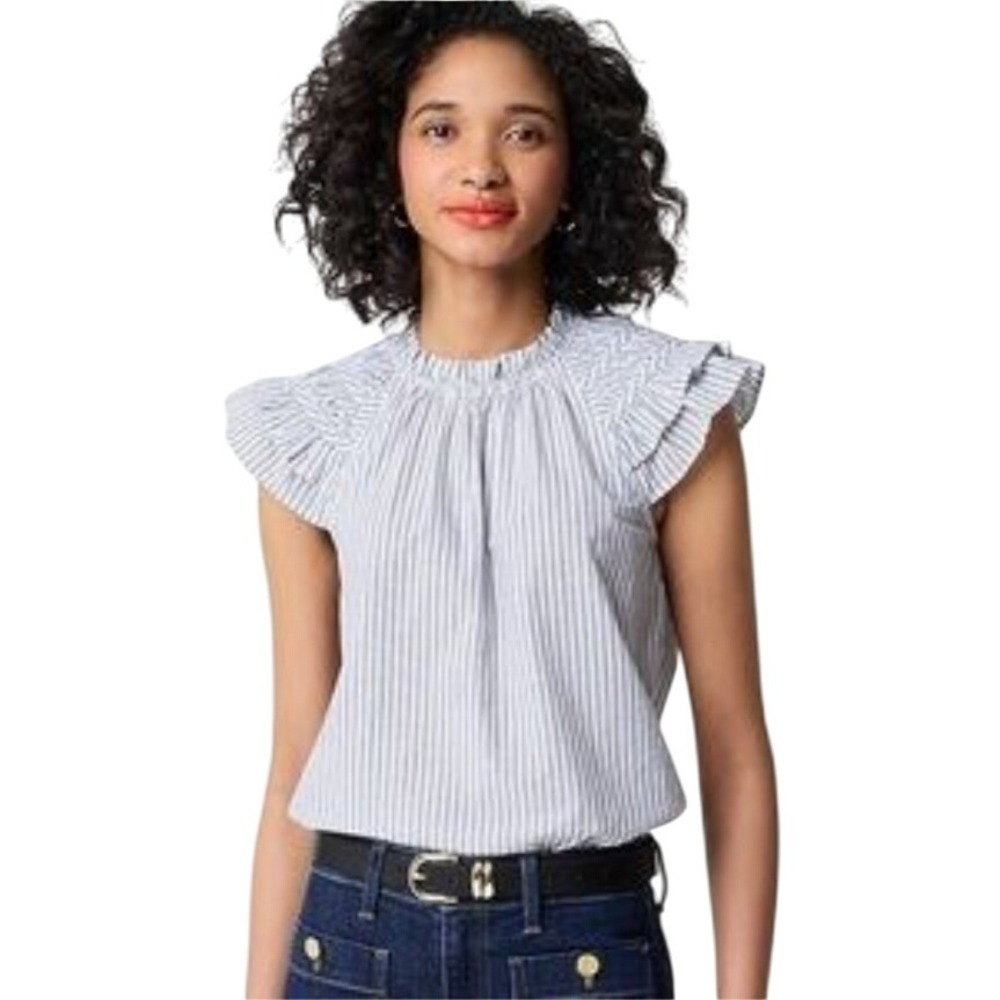 J.Crew Women's Striped Ruffle Sleeve Top Blouse Blue White XS NWT $80